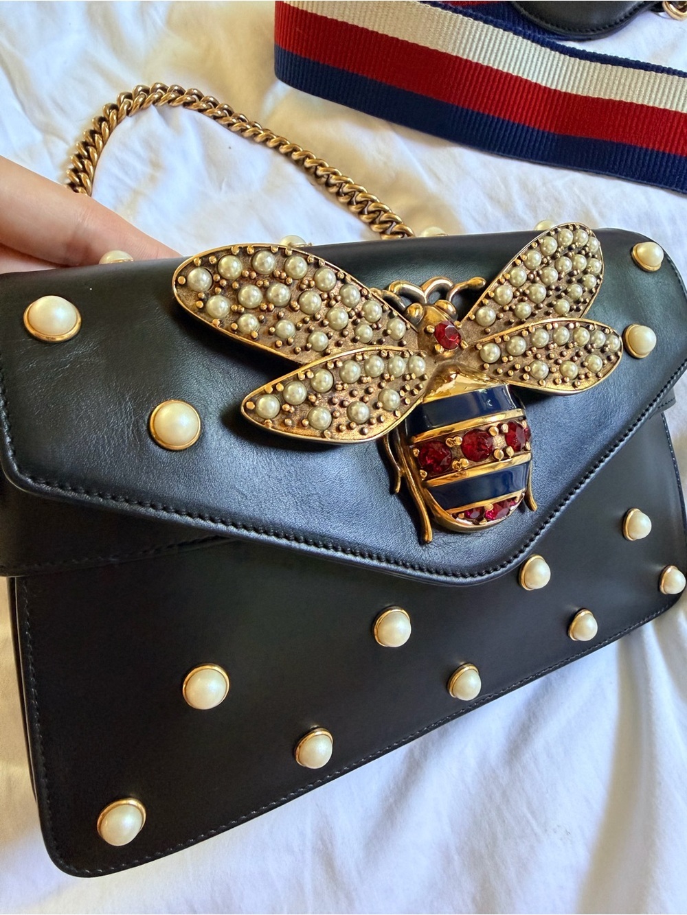 Gucci Queen Margaret Broadway Shoulder HandBag Black Leather Pearl Studded COA - Picture 6 of 13